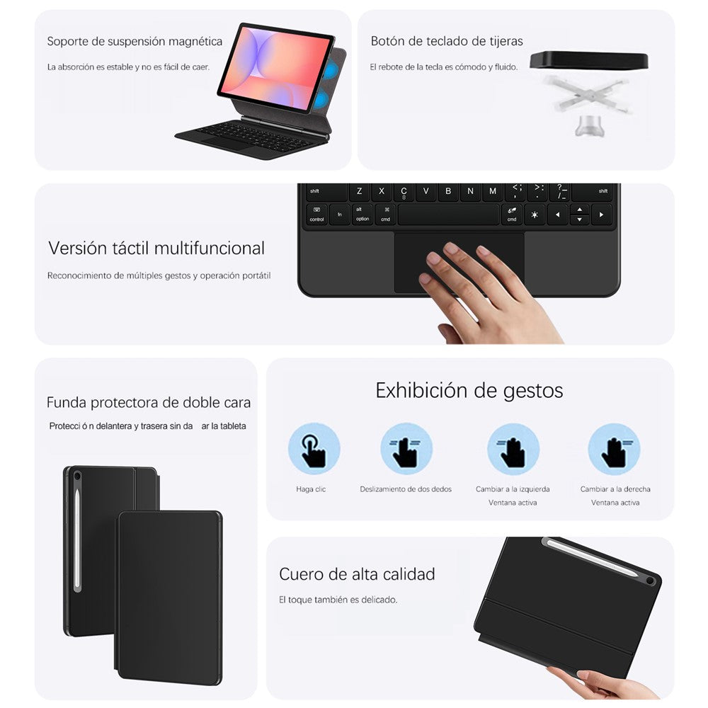 For Samsung Galaxy Tab S10 FE / S10 Lite / S9 / S8 / S7 FE Magnetic Floating Bluetooth-Compatible Keyboard (Spanish) + Leather Tablet Case