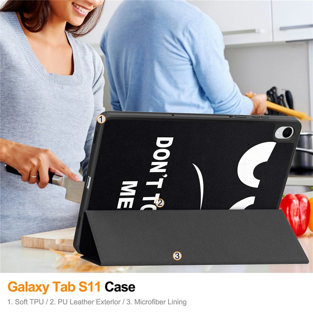 For Samsung Galaxy Tab S11 Tablet Case Pattern Printing Tri-Fold Stand Leather + TPU Cover with Pen Holder