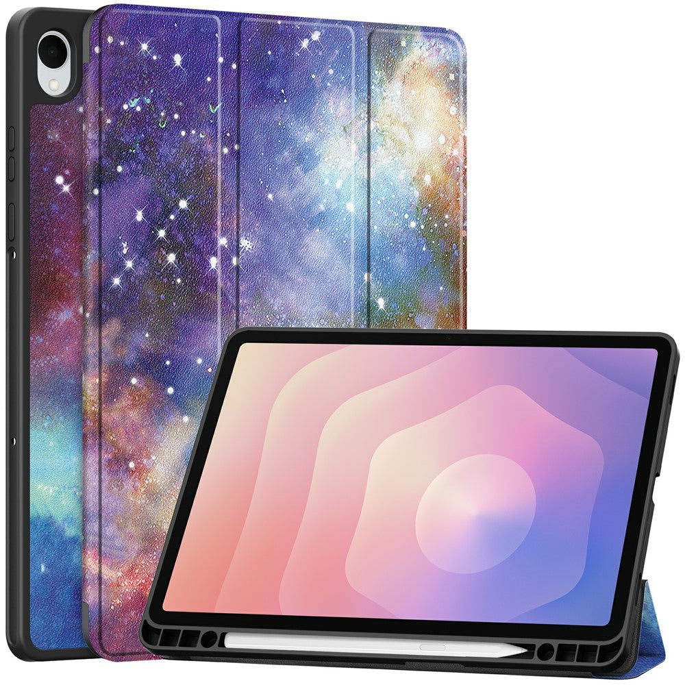 For Samsung Galaxy Tab S11 Tablet Case Pattern Printing Tri-Fold Stand Leather + TPU Cover with Pen Holder