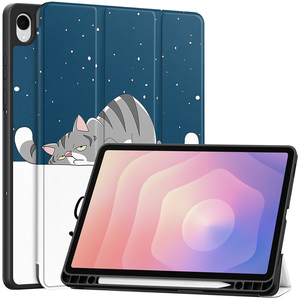 For Samsung Galaxy Tab S11 Tablet Case Pattern Printing Tri-Fold Stand Leather + TPU Cover with Pen Holder