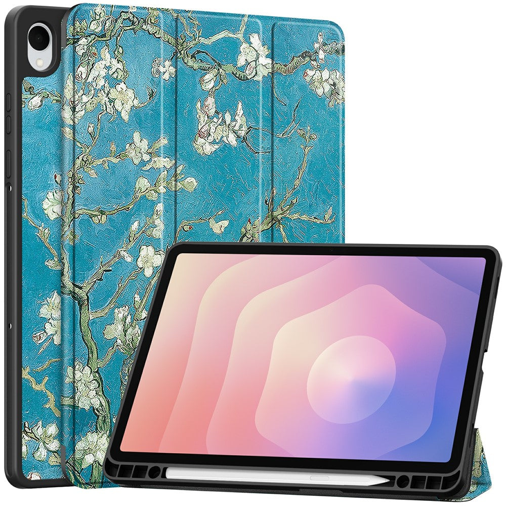 For Samsung Galaxy Tab S11 Tablet Case Pattern Printing Tri-Fold Stand Leather + TPU Cover with Pen Holder