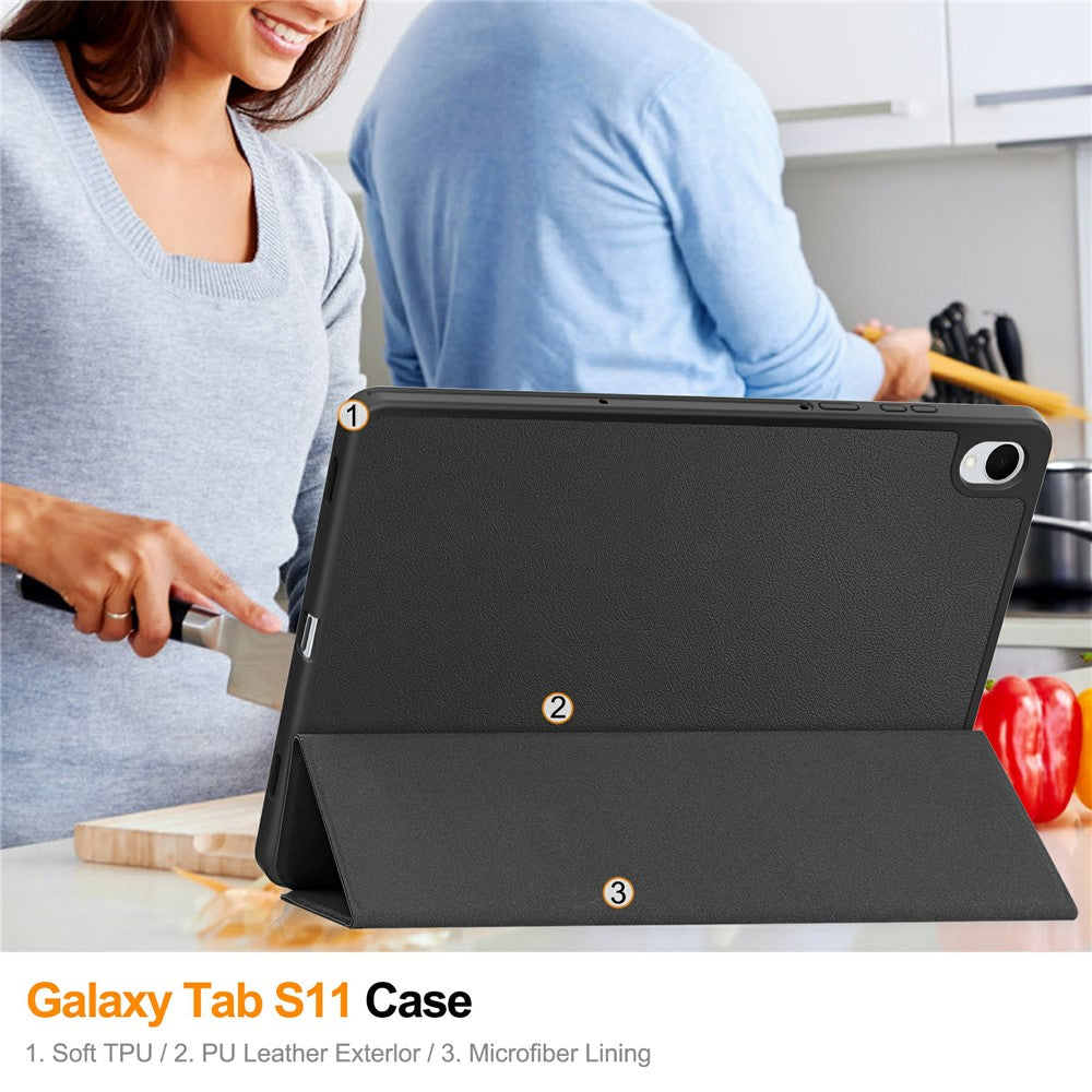 For Samsung Galaxy Tab S11 Stand Case Shock-Absorbent Leather Tablet Cover with Pen Slot