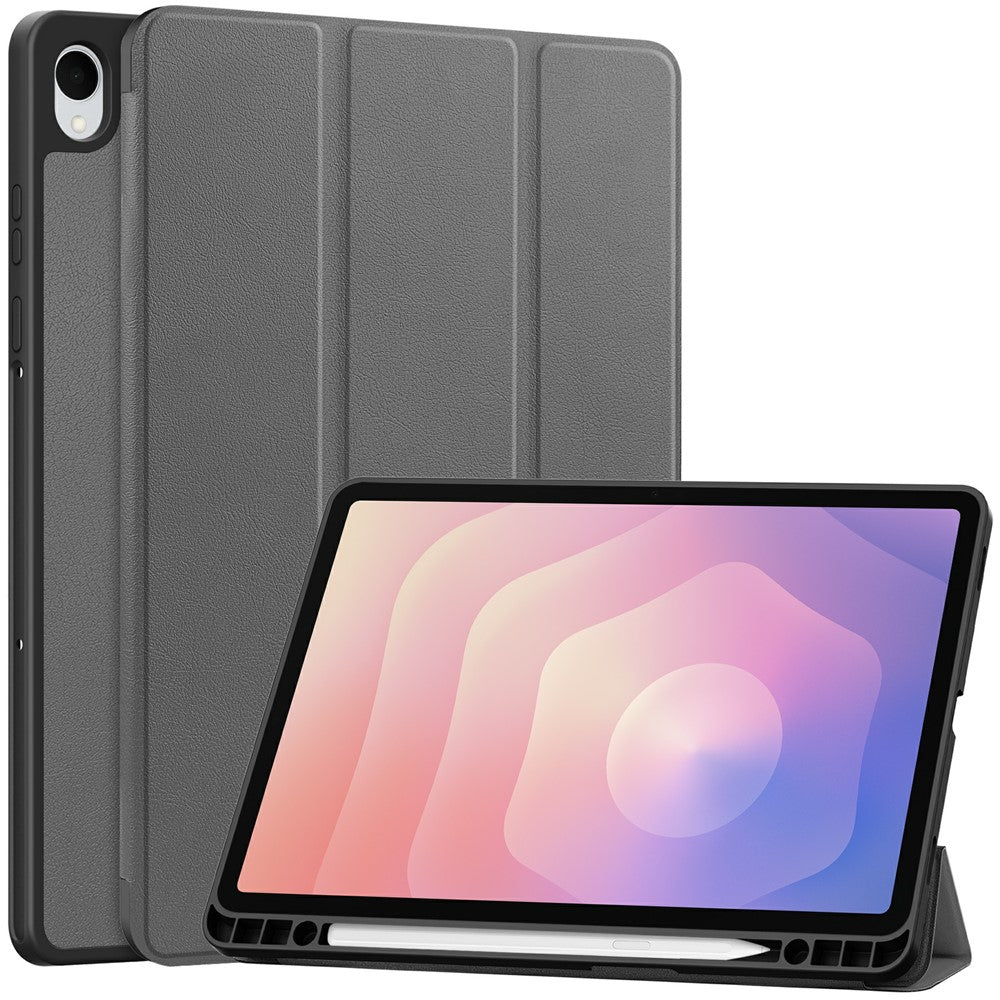For Samsung Galaxy Tab S11 Stand Case Shock-Absorbent Leather Tablet Cover with Pen Slot