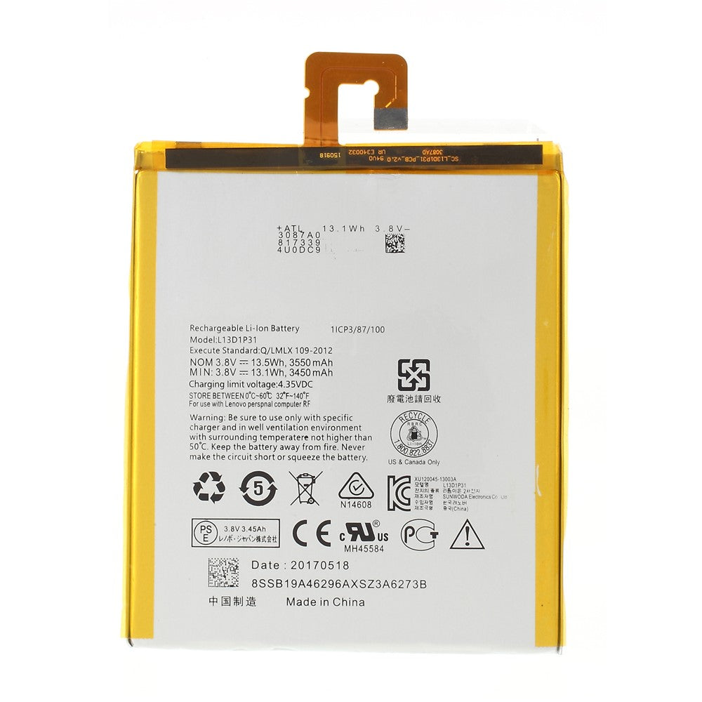 Til Lenovo IdeaTab A7-50 A3500 / IdeaTab S5000 / Tab3 7 3,8V 3450mAh Genopladeligt Li-ion Polymer Batteri Samlede Dele (Encode: L13D1P31) (uden Logo)