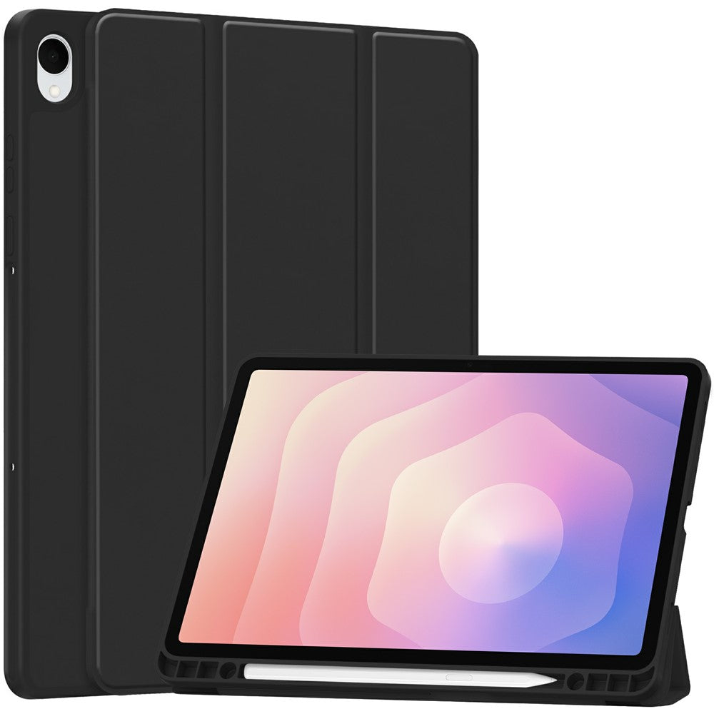 Til Samsung Galaxy Tab S11 Cover Tredobbelt Stativ Ensfarvet Læder Tablet Cover med Penneholder