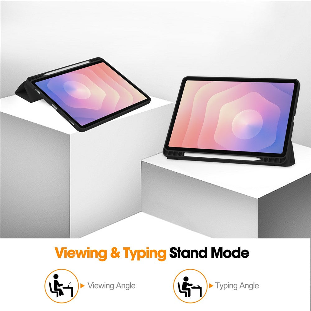 Til Samsung Galaxy Tab S11 Cover Tredobbelt Stativ Ensfarvet Læder Tablet Cover med Penneholder
