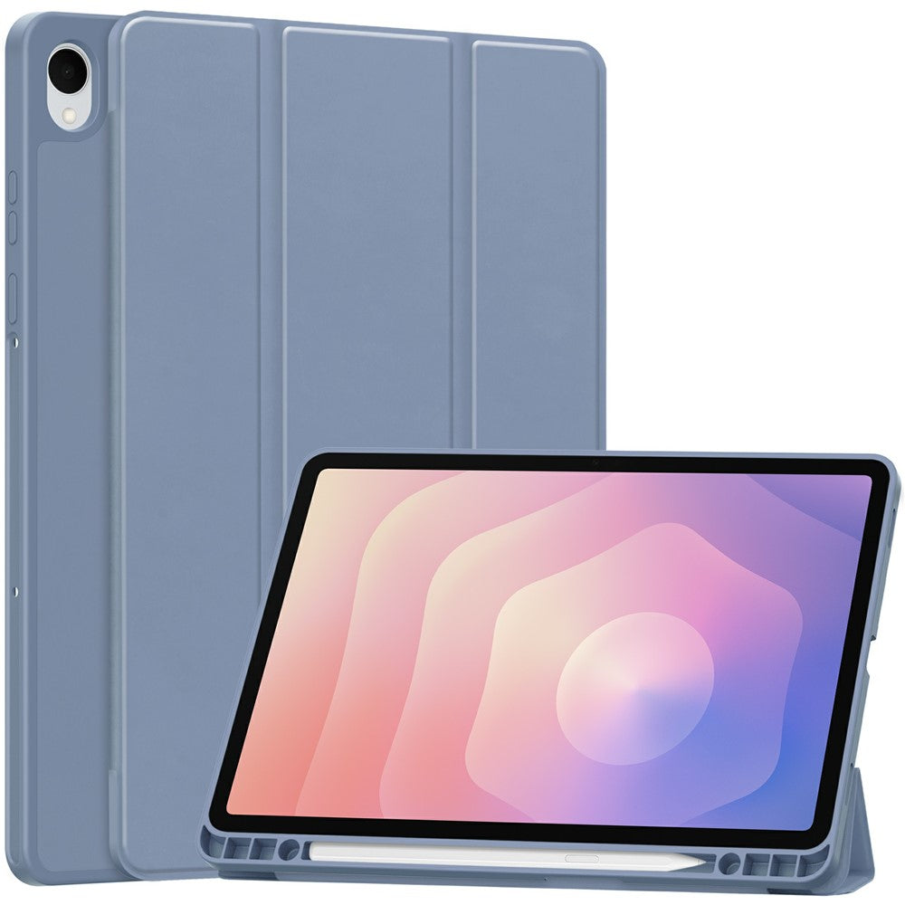 Til Samsung Galaxy Tab S11 Cover Tredobbelt Stativ Ensfarvet Læder Tablet Cover med Penneholder
