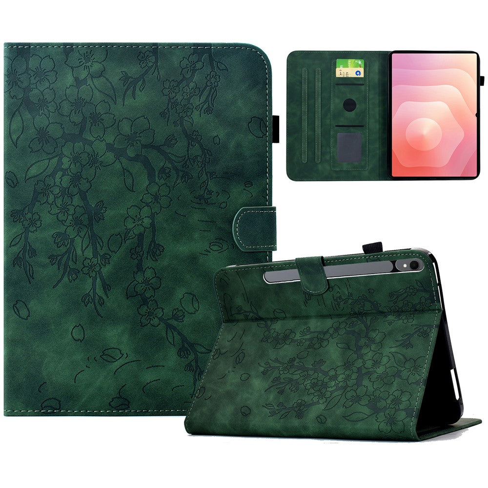 Til Samsung Galaxy Tab S11 Cover præget blommeblomst, stand, kortholder, læder tabletcover med automatisk dvale/vågning