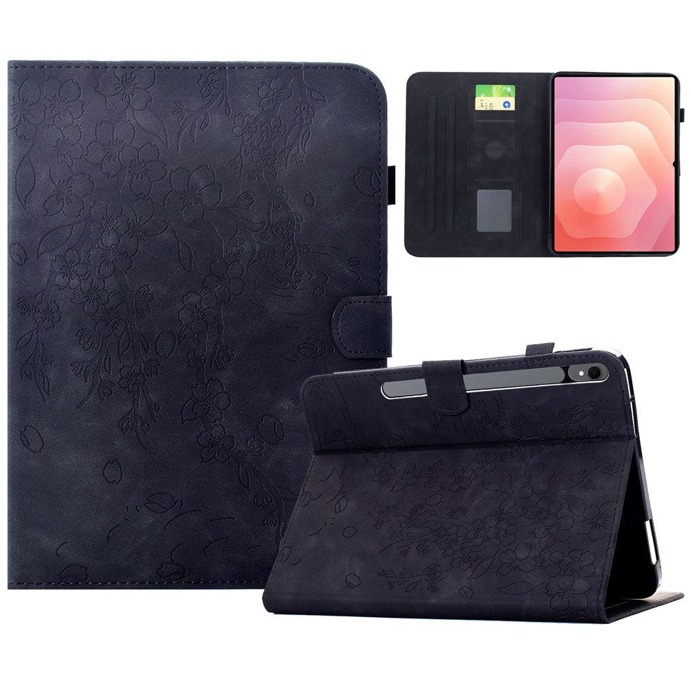 Til Samsung Galaxy Tab S11 Cover præget blommeblomst, stand, kortholder, læder tabletcover med automatisk dvale/vågning