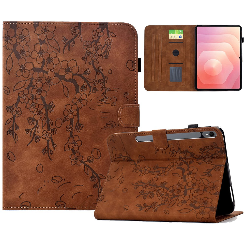 Til Samsung Galaxy Tab S11 Cover præget blommeblomst, stand, kortholder, læder tabletcover med automatisk dvale/vågning