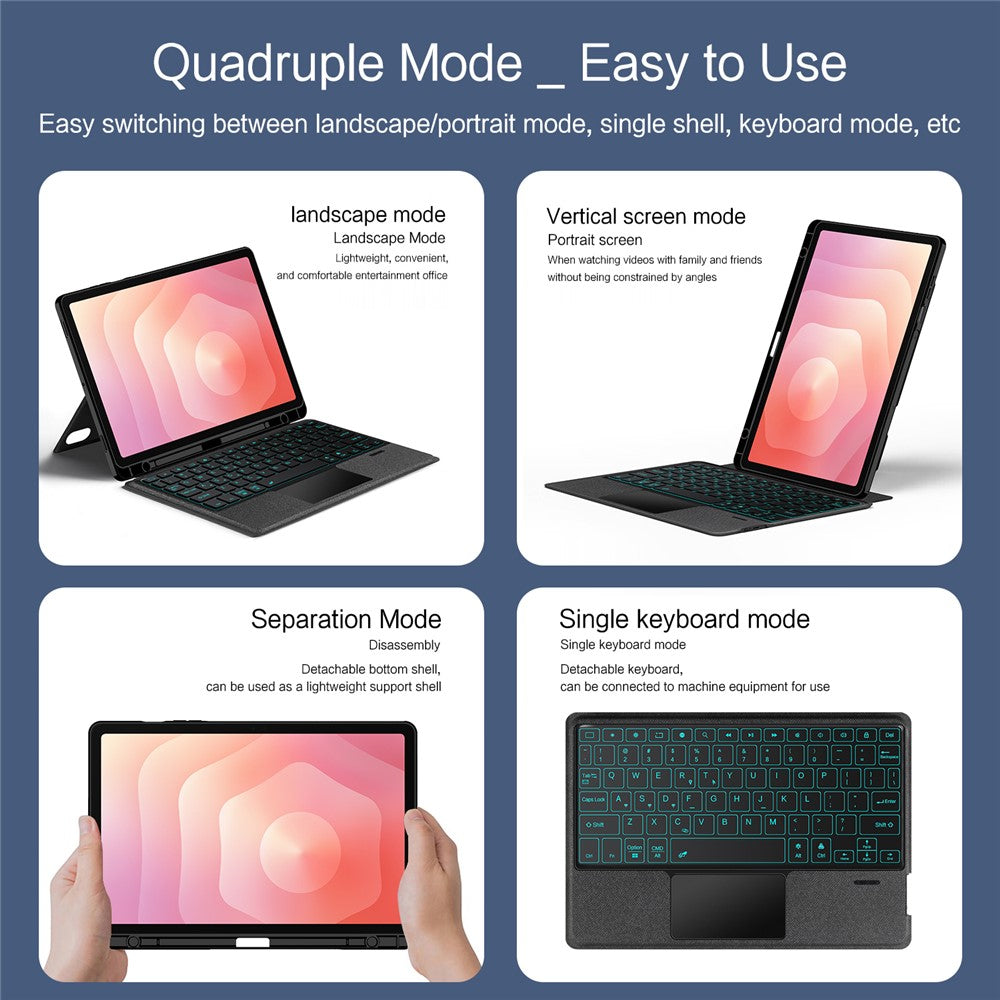 Til Samsung Galaxy Tab S11 Læderetui + Bluetooth-kompatibelt tastatur med baggrundsbelysning og trackpad