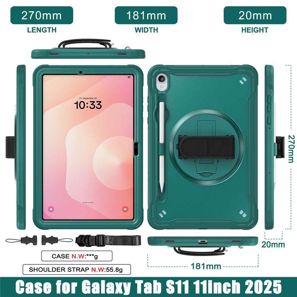 For Samsung Galaxy Tab S11 Case Kickstand PC + TPU + Silicone Tablet Cover with Rotary Hand Strap