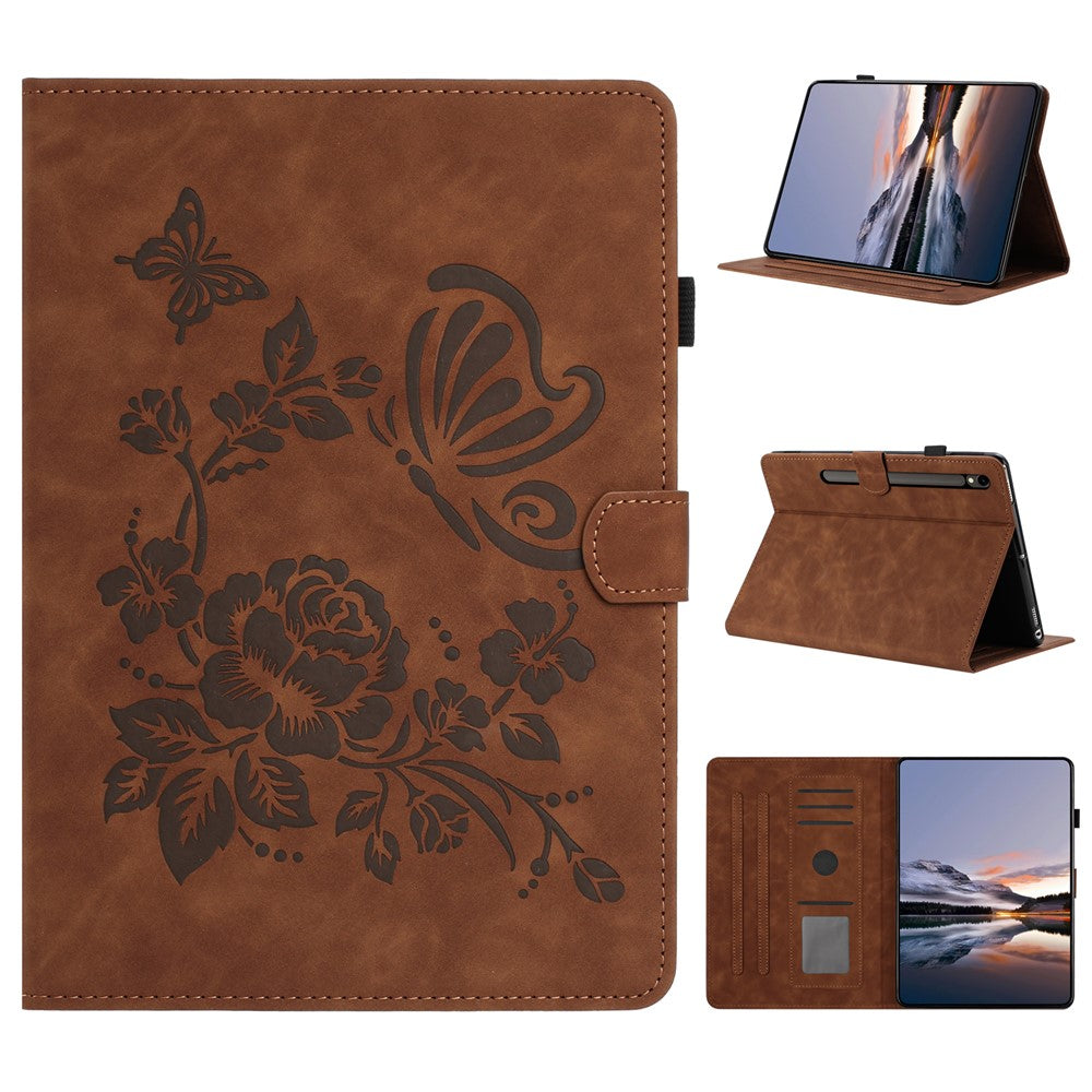 Tabletcover til Samsung Galaxy Tab S10 Lite / S10 FE / S9 FE / S9 med kortholder, standfunktion, sommerfugle- og blomstermønster og i læderdesign
