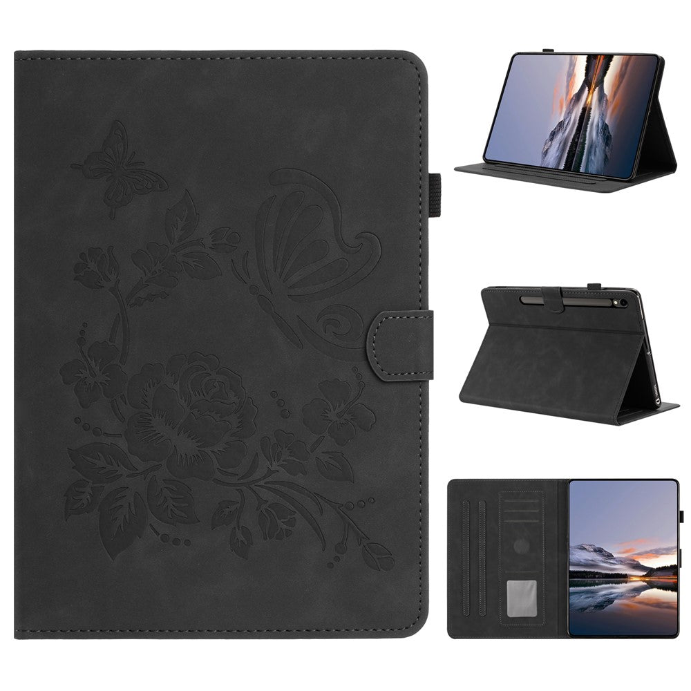 Tabletcover til Samsung Galaxy Tab S10 Lite / S10 FE / S9 FE / S9 med kortholder, standfunktion, sommerfugle- og blomstermønster og i læderdesign