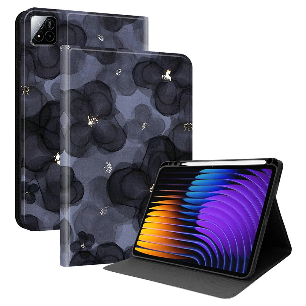 PU-läderfodral till Xiaomi Poco Pad X1 / Pad 8 Pro / Pad 8 / Pad 7 Pro / Pad 7, mönstertryck, surfplatta, stativ med pennfack (penna ingår ej)