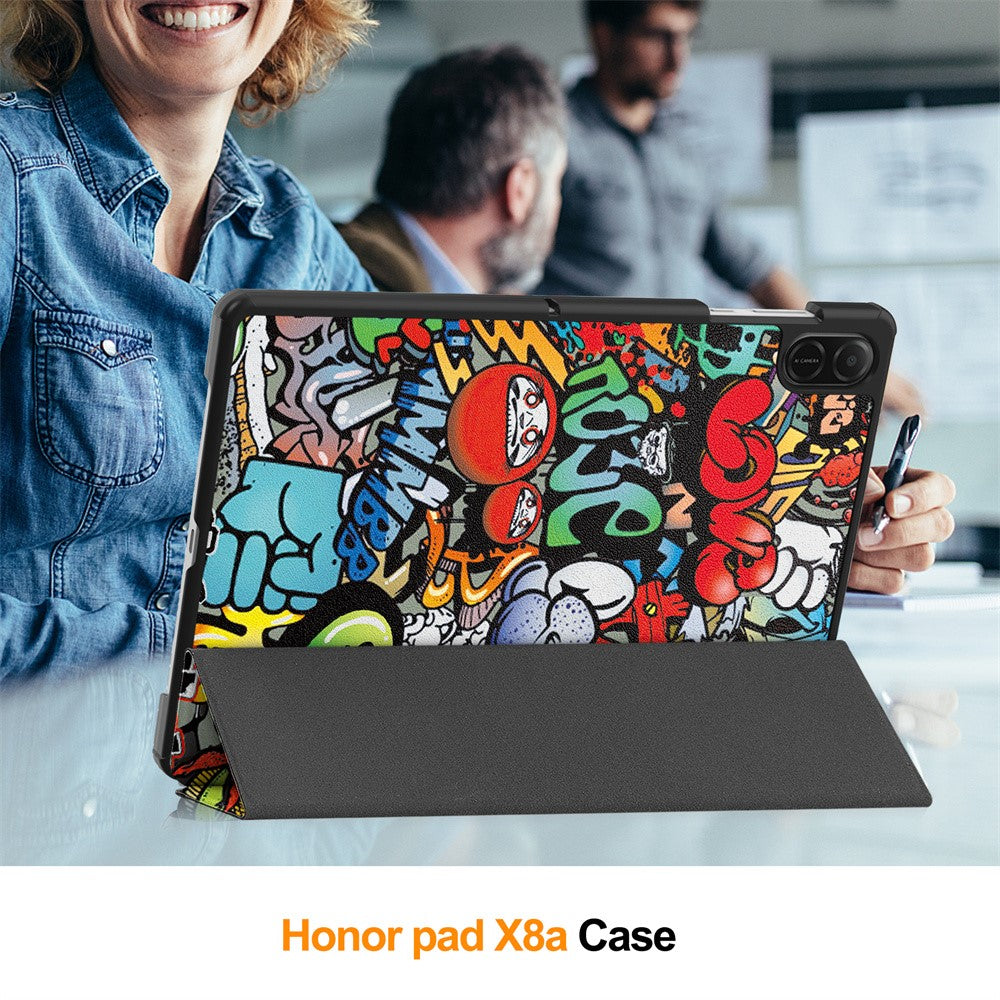 Til Honor Pad X8b / Pad X8a Cover Tri-fold Stativ Mønstertryk Læder Tablet Cover
