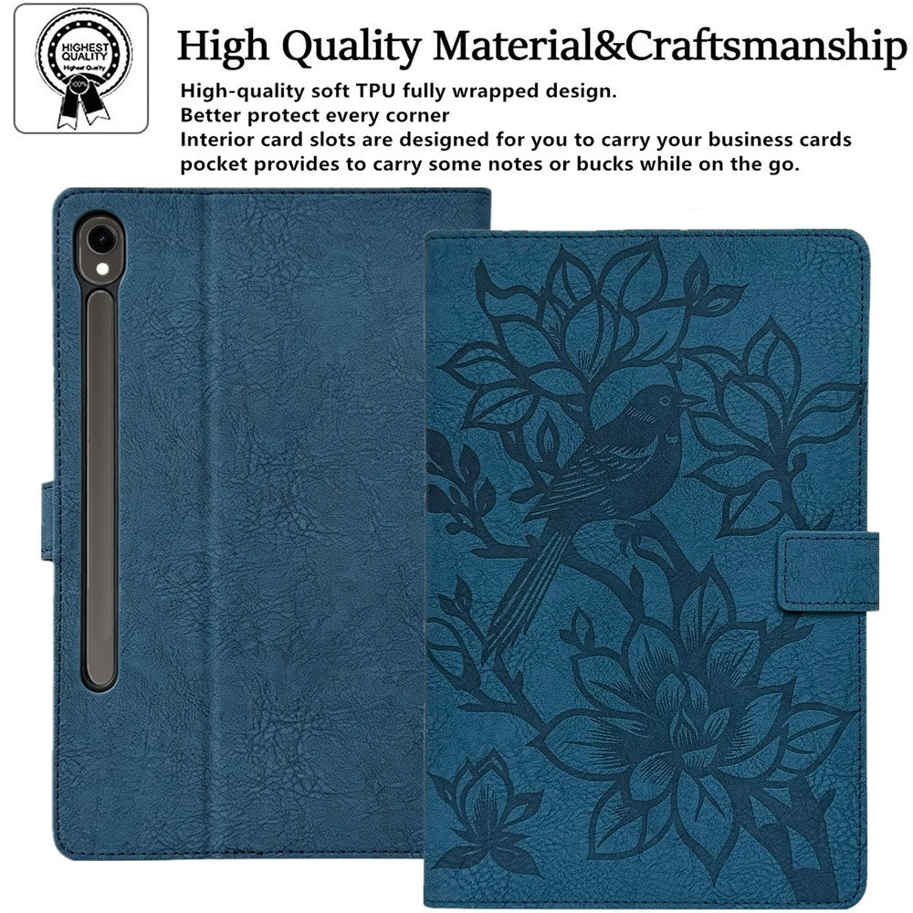 Tablet Case for Samsung Galaxy Tab S9 / S8 / S7 Embossed Magpie Pattern TPU PU Protective Cover with Card Slots