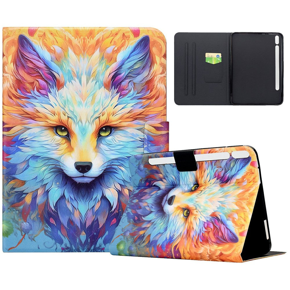 Til Samsung Galaxy Tab S9 / Tab S9 FE etui med mønstertryk, stander og kortholder i læder