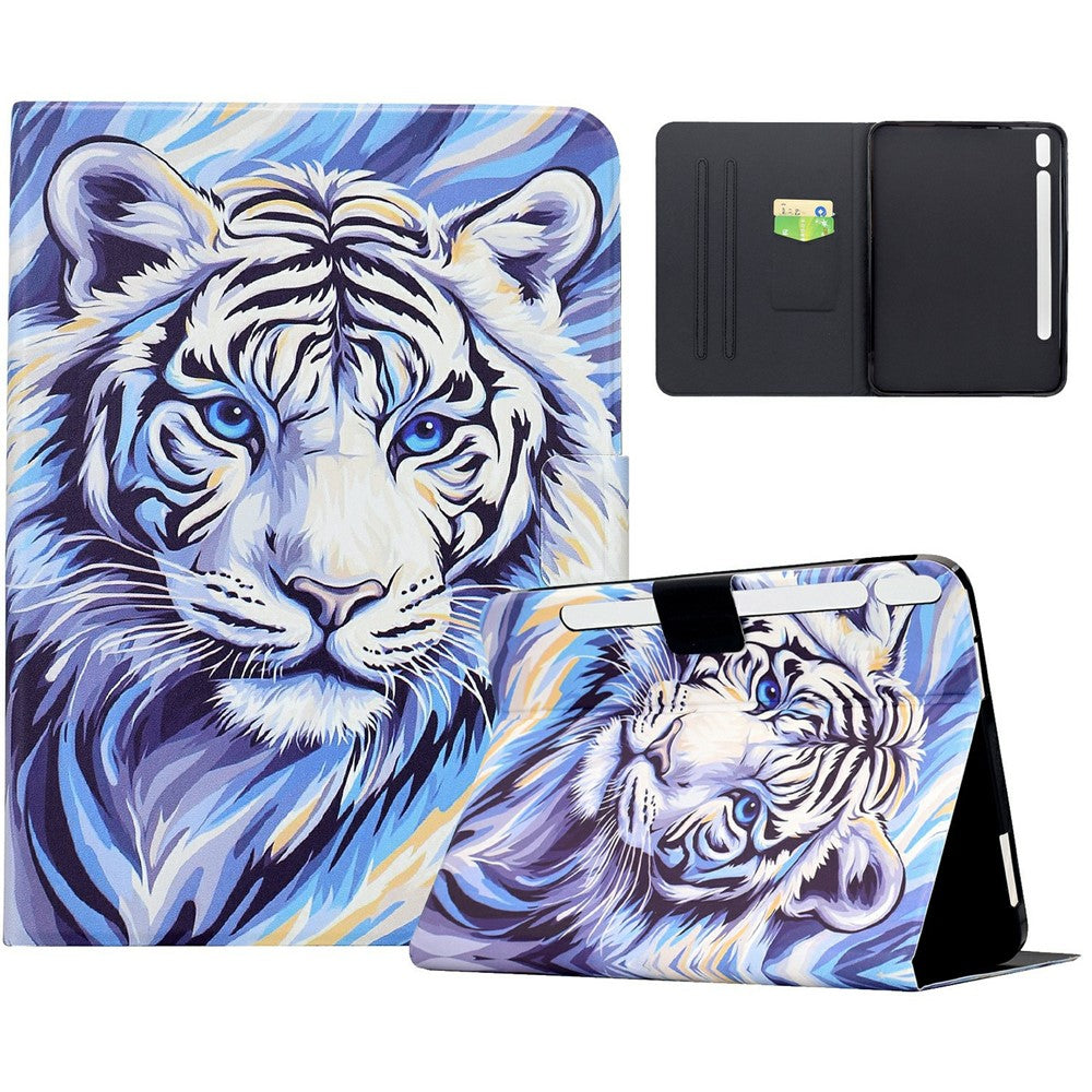 Til Samsung Galaxy Tab S9 / Tab S9 FE etui med mønstertryk, stander og kortholder i læder