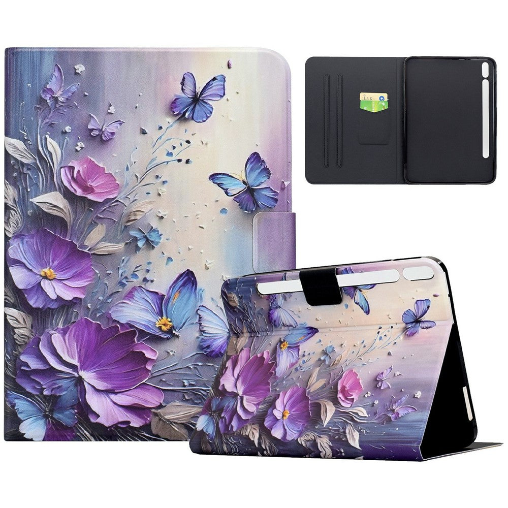 Til Samsung Galaxy Tab S9 / Tab S9 FE etui med mønstertryk, stander og kortholder i læder