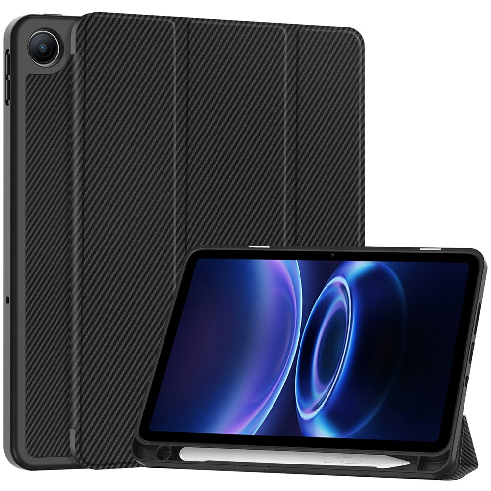 Til Xiaomi Redmi Pad 2 SE / Pad 2 9.7 Etui Trefoldbart Stativ Læder Tablet Cover med Kulfibertekstur og Penholder