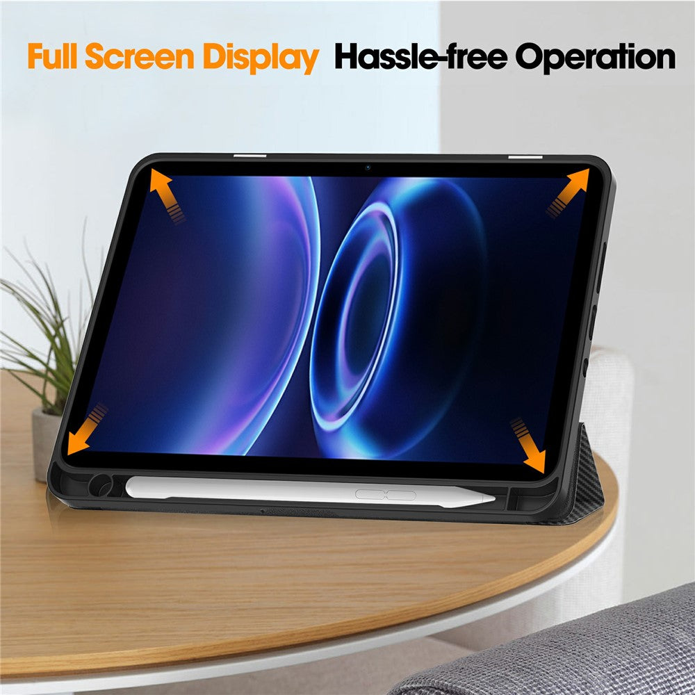 Til Xiaomi Redmi Pad 2 SE / Pad 2 9.7 Etui Trefoldbart Stativ Læder Tablet Cover med Kulfibertekstur og Penholder