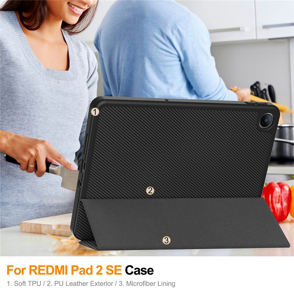 For Xiaomi Redmi Pad 2 SE / Pad 2 9.7 Case Trifold Stand Carbon Fiber Texture Leather Tablet Cover with Pen Slot