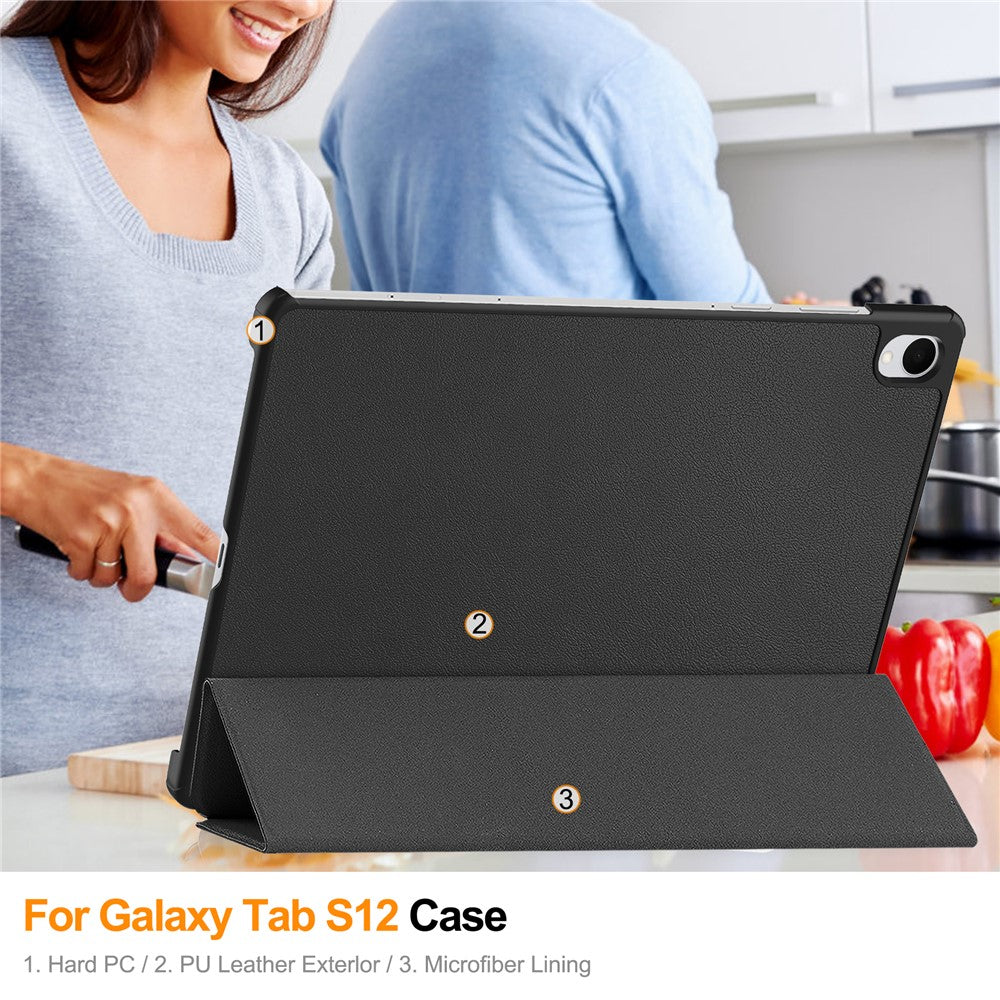 For Samsung Galaxy Tab S12+ PU Leather Tablet Case Anti-drop Tri-Fold Stand Slim Protective Cover