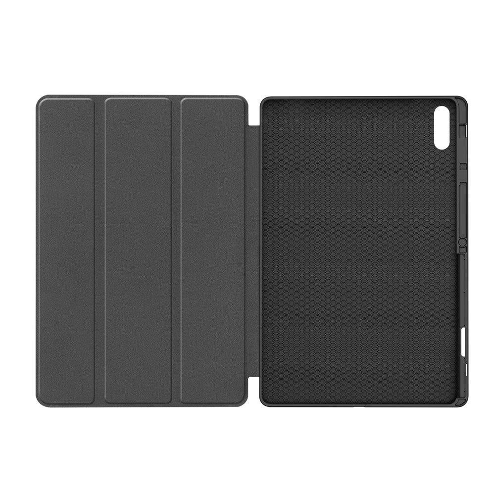 For Samsung Galaxy Tab S12 Ultra Tri-Fold Stand Tablet Case Four Corner Anti-drop PU Leather Protective Cover with Pen Slot