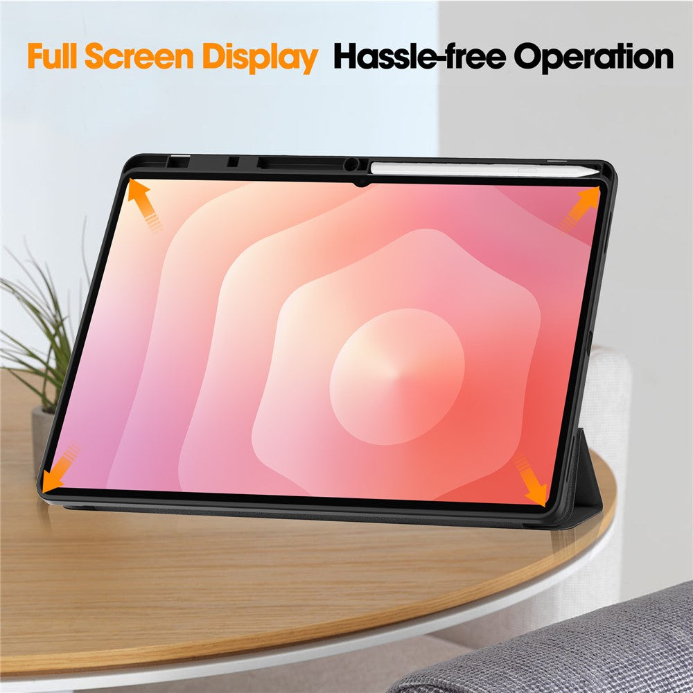 For Samsung Galaxy Tab S12 Ultra Tri-Fold Stand Tablet Case Four Corner Anti-drop PU Leather Protective Cover with Pen Slot