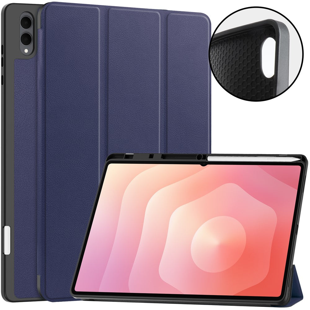 For Samsung Galaxy Tab S12 Ultra Tri-Fold Stand Tablet Case Four Corner Anti-drop PU Leather Protective Cover with Pen Slot