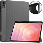 For Samsung Galaxy Tab S12 Ultra Tri-Fold Stand Tablet Case Four Corner Anti-drop PU Leather Protective Cover with Pen Slot