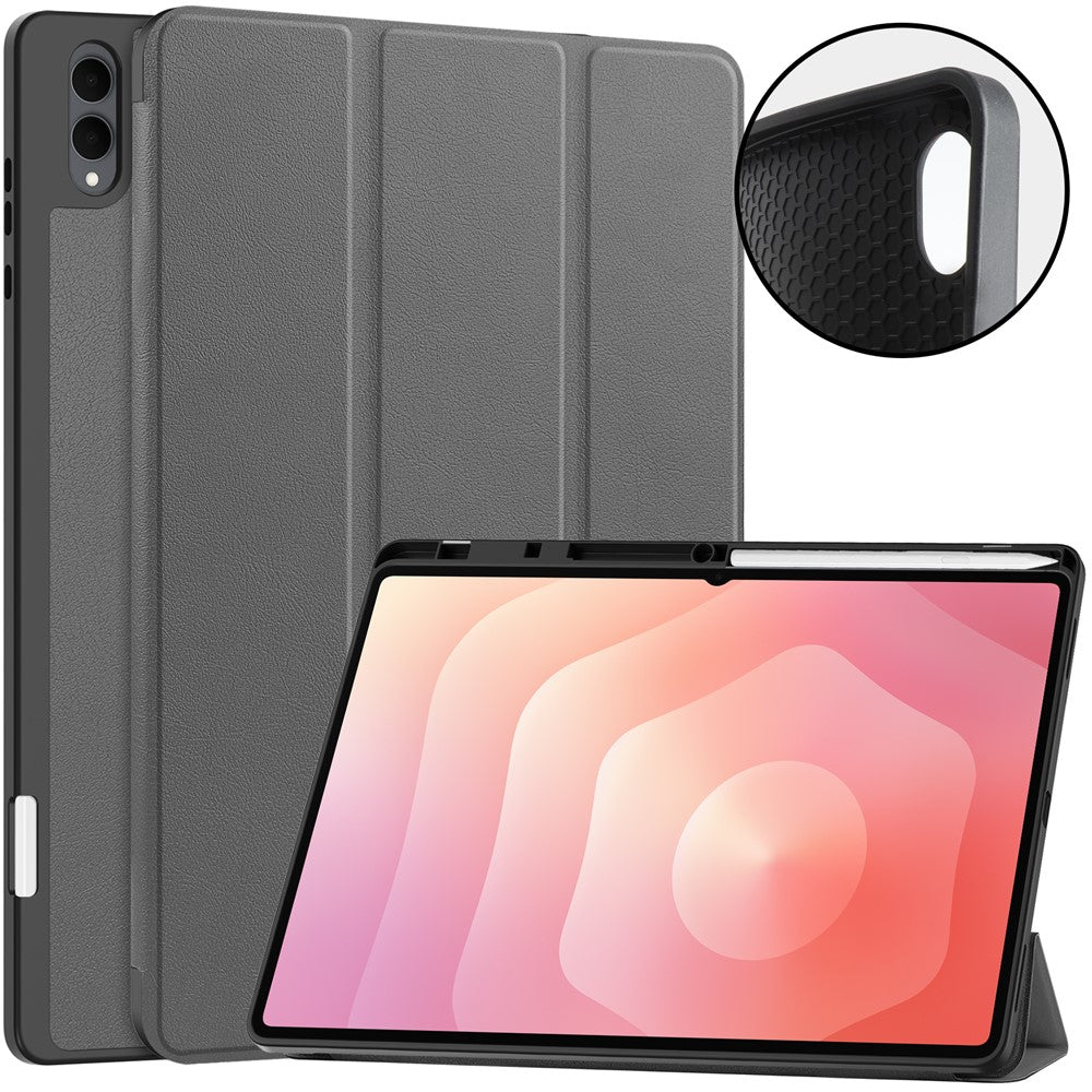 For Samsung Galaxy Tab S12 Ultra Tri-Fold Stand Tablet Case Four Corner Anti-drop PU Leather Protective Cover with Pen Slot