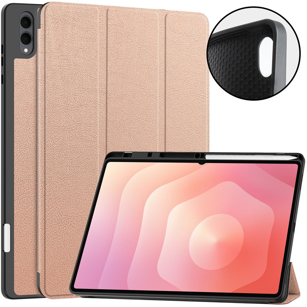For Samsung Galaxy Tab S12 Ultra Tri-Fold Stand Tablet Case Four Corner Anti-drop PU Leather Protective Cover with Pen Slot