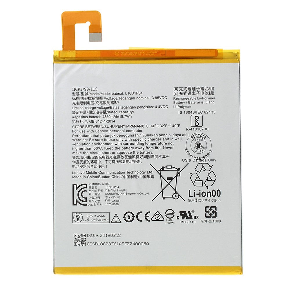 For Lenovo Tab 4 8 / Tab 4 8 Plus TB-8504N 3.85V 4850 mAh Rechargeable Li-ion Battery Replacement Part (Encode: L16D1P34) (without Logo)