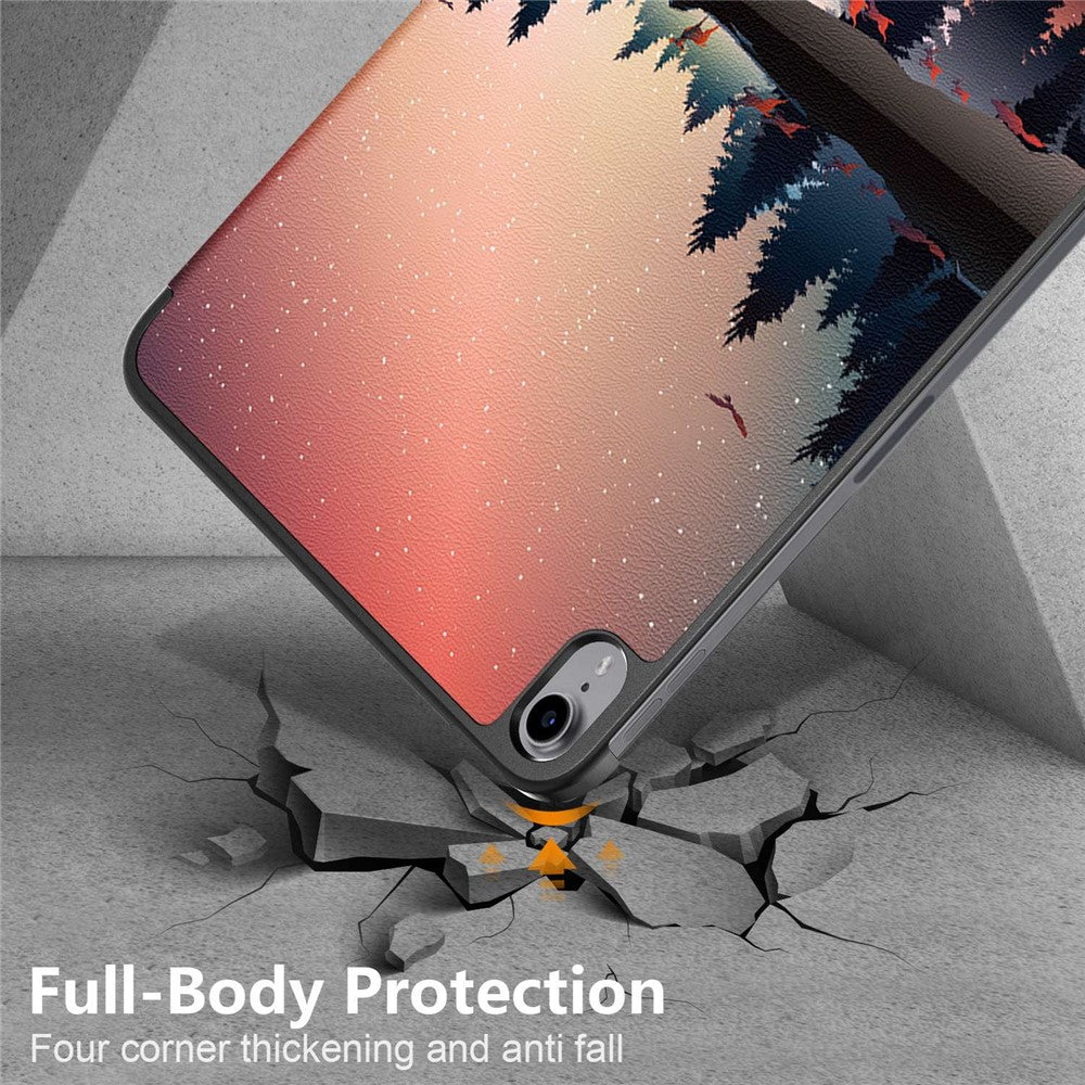 For iPad (2025) / 10.9 (2022) Pattern Printed Protective Case PU Leather Anti-Drop Auto Wake / Sleep Tablet Cover with Trifold Stand