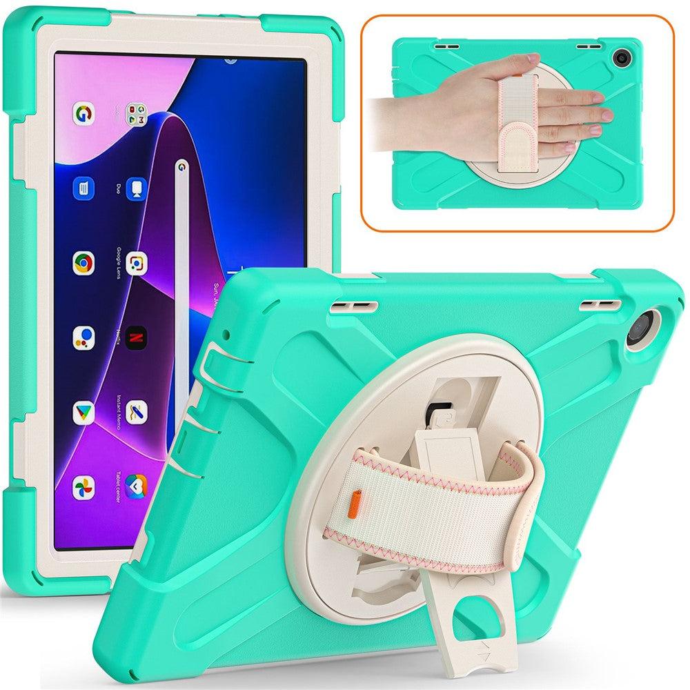 For Lenovo Tab M10 (Gen 3) TB-328FU / TB-328XU Kickstand 360 Degree Rotation Hand Strap Tablet Case PC + Silicone Protective Cover