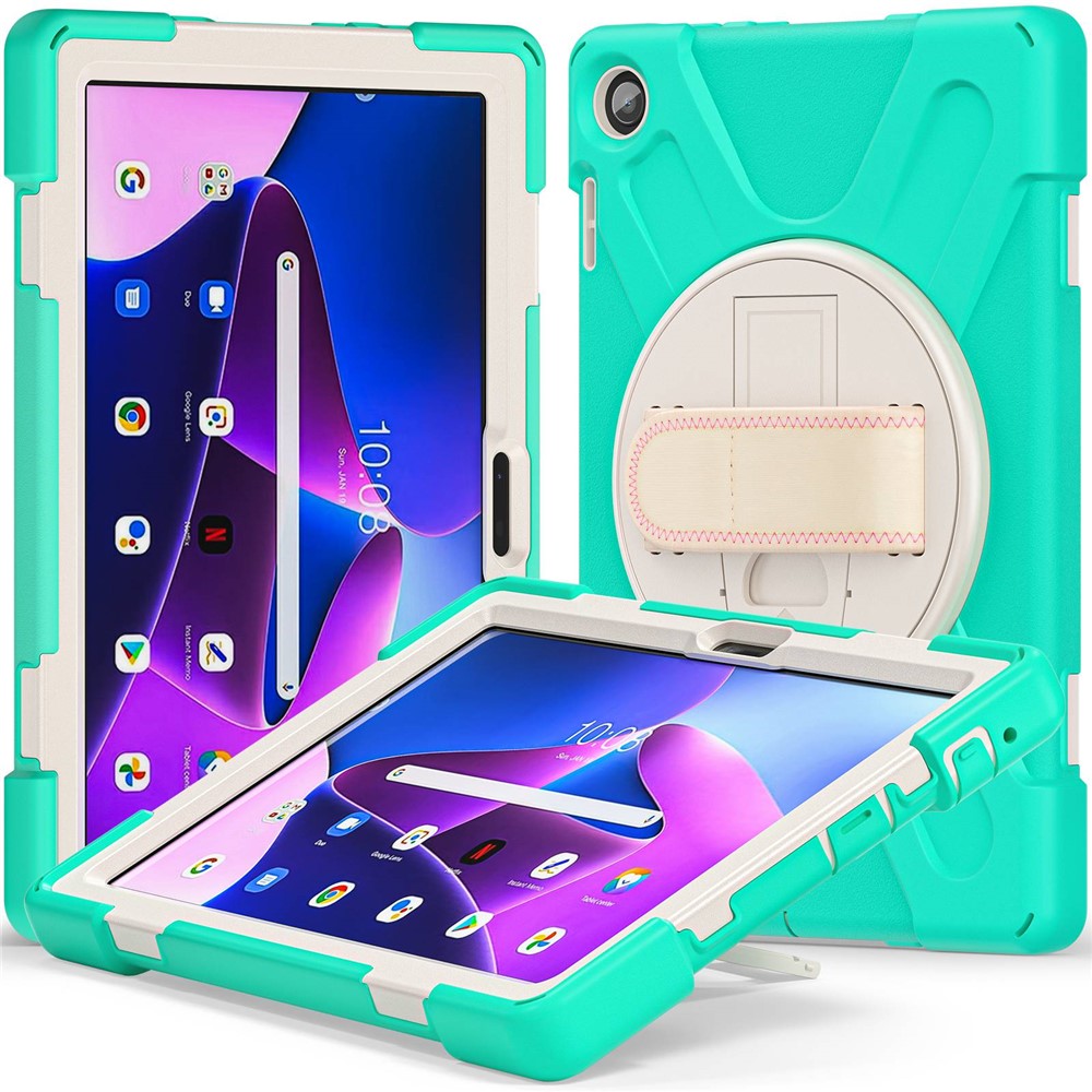 For Lenovo Tab M10 (Gen 3) TB-328FU / TB-328XU Kickstand 360 Degree Rotation Hand Strap Tablet Case PC + Silicone Protective Cover