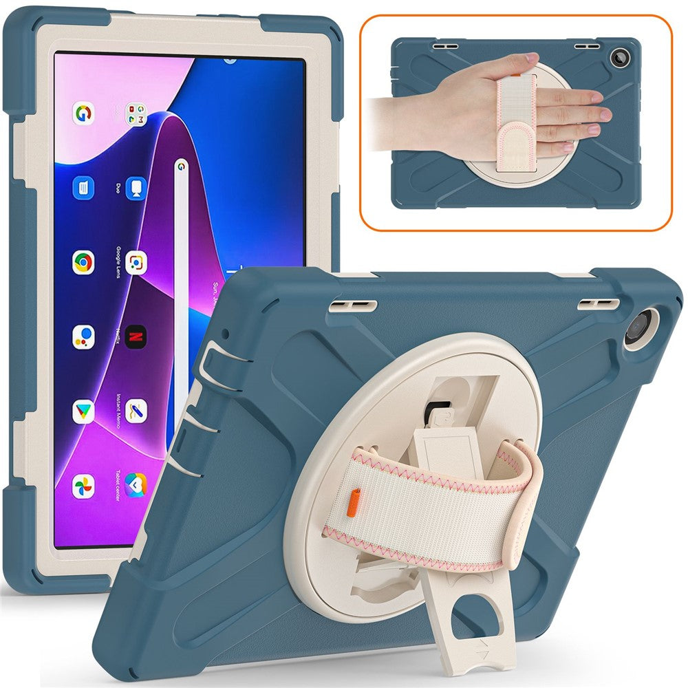 For Lenovo Tab M10 (Gen 3) TB-328FU / TB-328XU Kickstand 360 Degree Rotation Hand Strap Tablet Case PC + Silicone Protective Cover