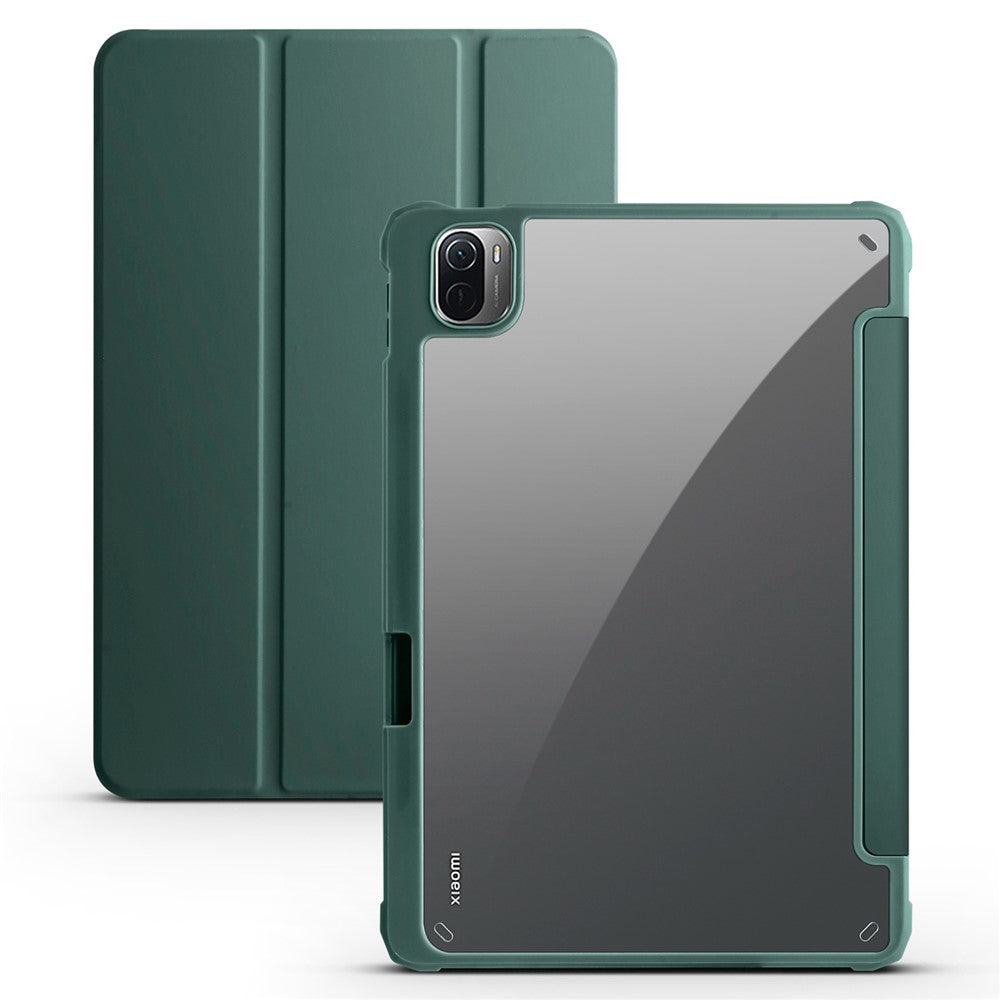 Xiaomi Pad 5 / Pad 5 Pro Trippelvikbart stativ Surfplatta Fodral PU-läder Framsida Transparent Akryl Baksida Helkroppsskyddande Skyddsfodral, Stöder Automatisk Väcknings-/Sovfunktion