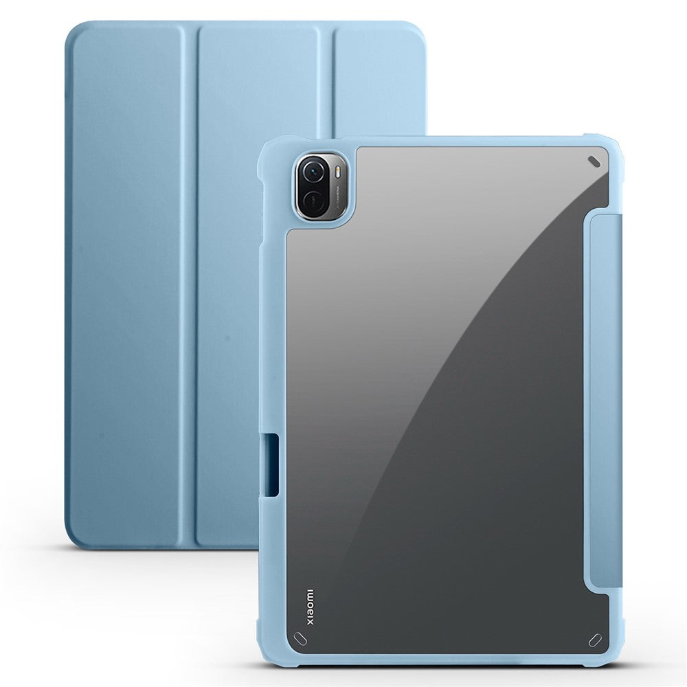 For Xiaomi Pad 5 / Pad 5 Pro Tri-fold Stand Tablet Case PU Leather Front Transparent Acrylic Back Full Body Protective Cover, Support Auto Wake / Sleep Function