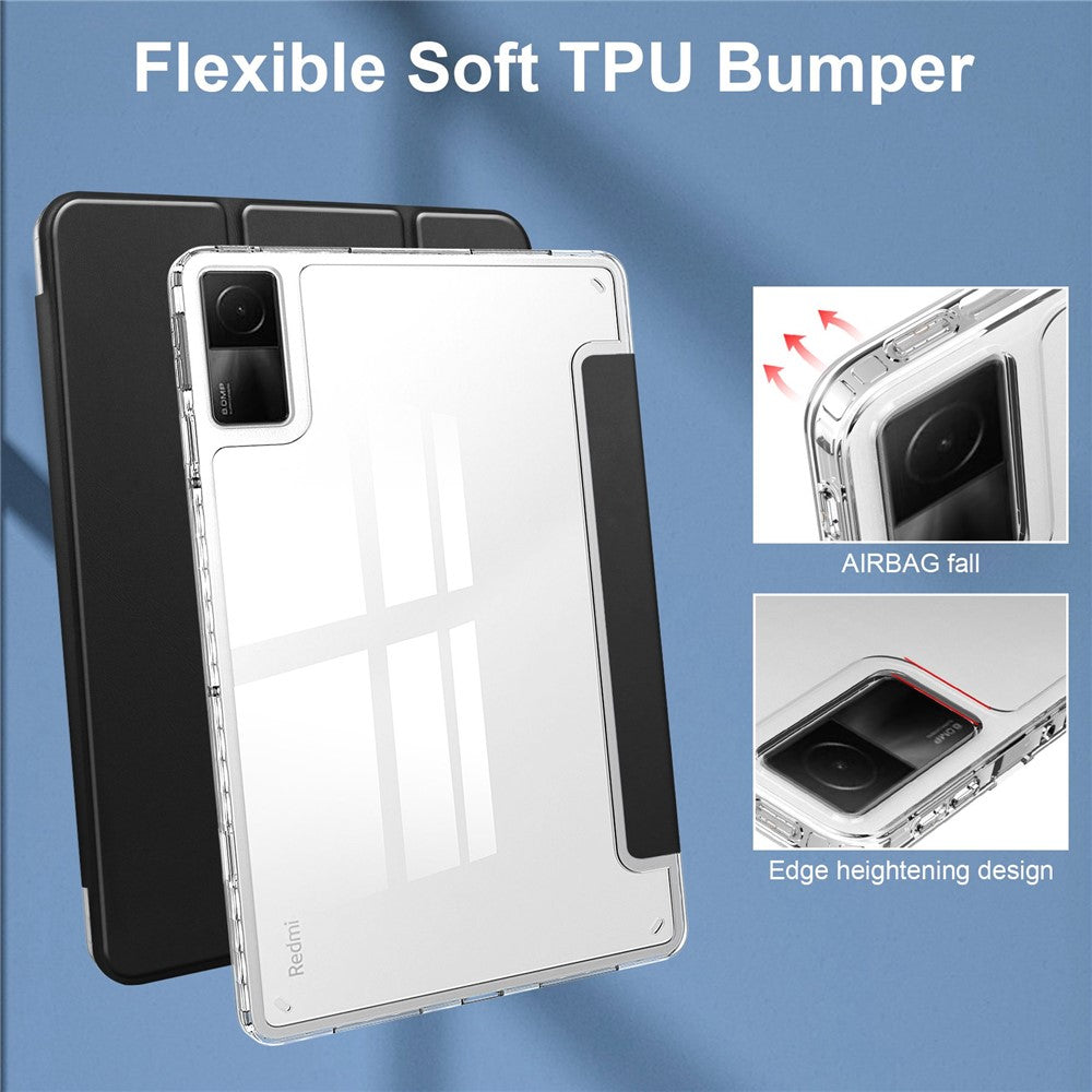 For Xiaomi Redmi Pad Trifold Stand PU Leather Tablet Case Anti-drop Transparent TPU Back Cover