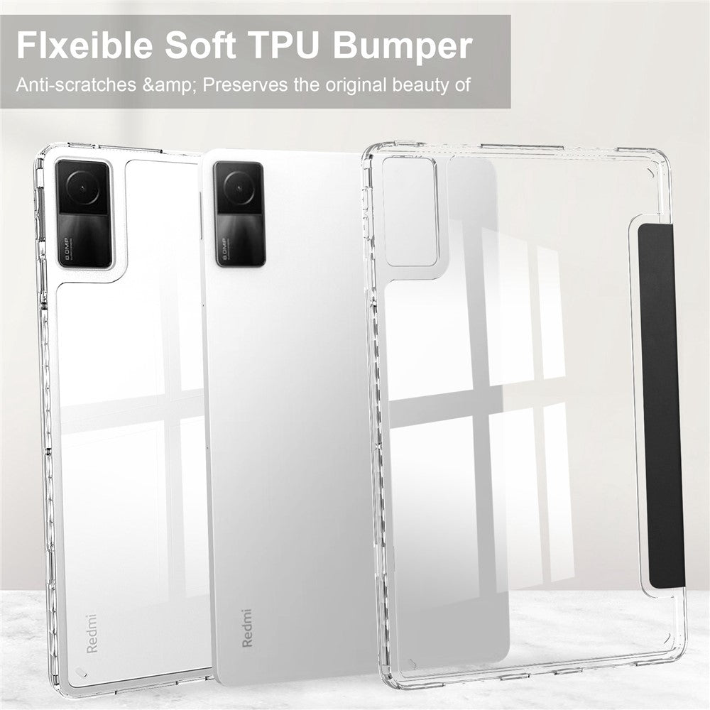 For Xiaomi Redmi Pad Trifold Stand PU Leather Tablet Case Anti-drop Transparent TPU Back Cover