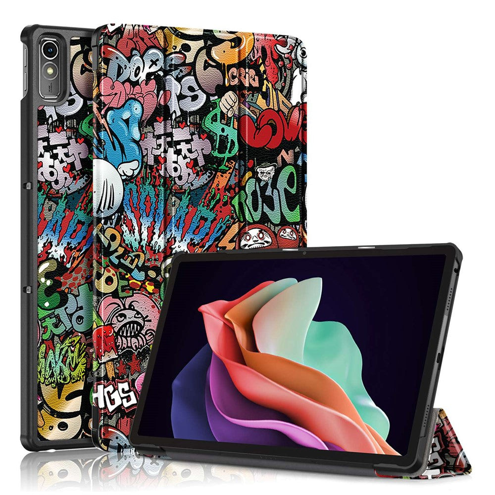 For Lenovo Tab P11 Gen 2 Pattern Printing PU Leather Protective Cover Trifold Stand Smart Tablet Case with Auto Wake  /  Sleep