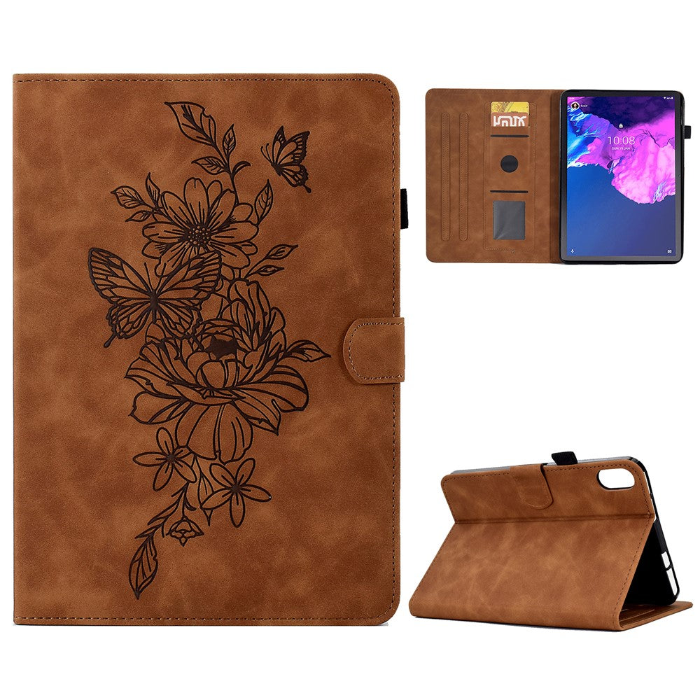 For Lenovo Tab P11 / J606F Butterfly Flower Pattern Imprinted PU Leather Stitching Line  Smart Tablet Cover with Card Holder Stand Shockproof Case