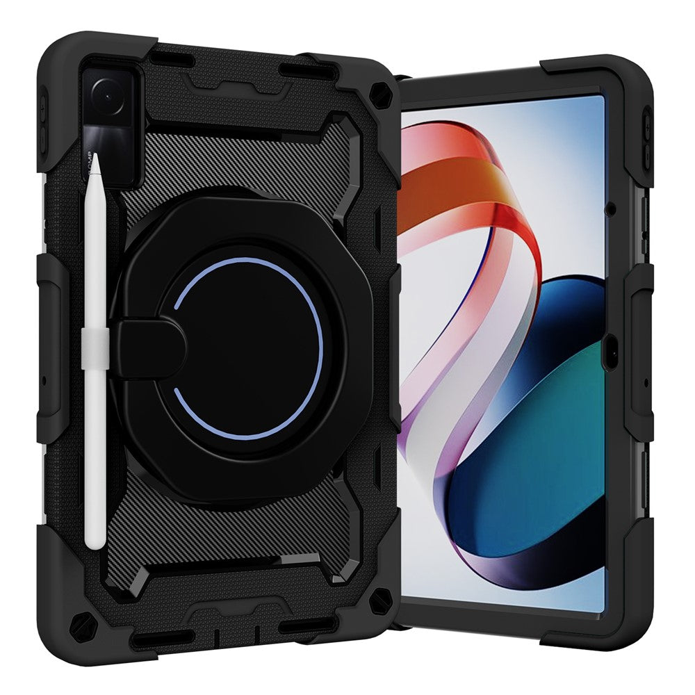 For Xiaomi Redmi Pad 10.6-inch Shock-absorbing Silicone+PC Protective Case Rotating Handle-Kickstand Tablet Cover with Pencil Holder and Shoulder Strap