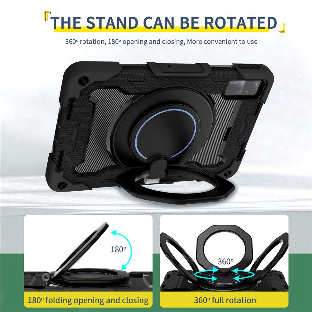 For Xiaomi Redmi Pad 10.6-inch Shock-absorbing Silicone+PC Protective Case Rotating Handle-Kickstand Tablet Cover with Pencil Holder and Shoulder Strap