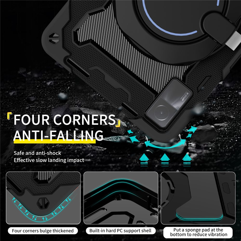 For Xiaomi Redmi Pad 10.6-inch Shock-absorbing Silicone+PC Protective Case Rotating Handle-Kickstand Tablet Cover with Pencil Holder and Shoulder Strap