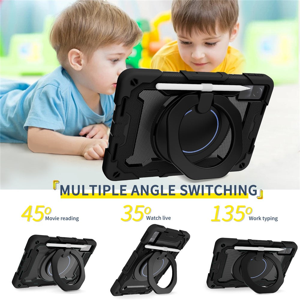 For Xiaomi Redmi Pad 10.6-inch Shock-absorbing Silicone+PC Protective Case Rotating Handle-Kickstand Tablet Cover with Pencil Holder and Shoulder Strap