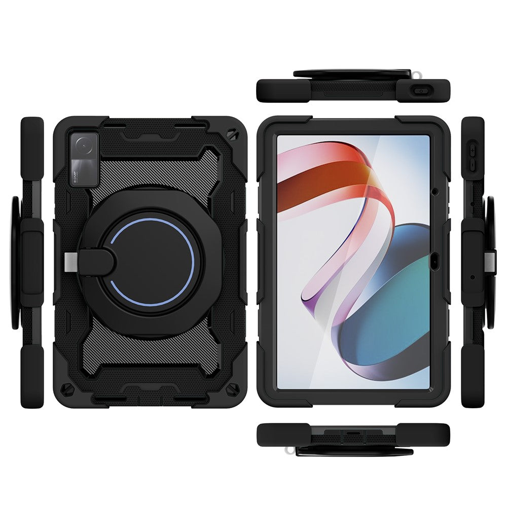For Xiaomi Redmi Pad 10.6-inch Shock-absorbing Silicone+PC Protective Case Rotating Handle-Kickstand Tablet Cover with Pencil Holder and Shoulder Strap